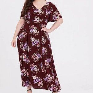 Torrid Red Wine Floral Gauze Short Sleeve Maxi Dress